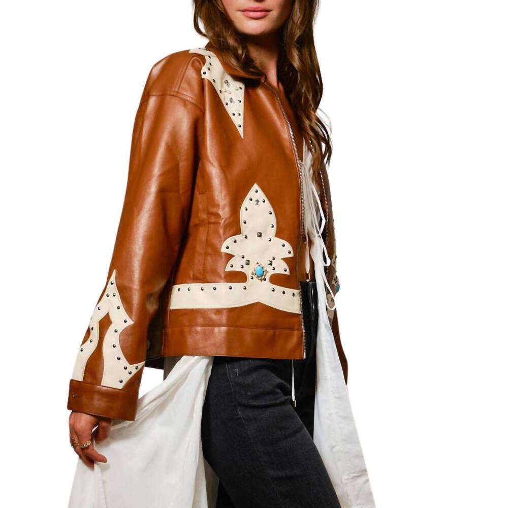 NEW BLUE B faux leather studded oversized zip-up jacket in sienna brown - Picture 4 of 5